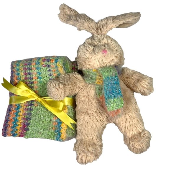 Baby Lovey Small Security Blanket Soft Multicolor Crochet Bunny Rabbit in Scarf - Picture 9 of 11